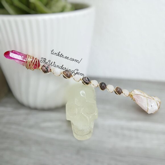 Pink Crystal Wand, Magic Wand, Alter Tool, Beaded Wire Wrapped, 7.5" - Picture 1 of 6